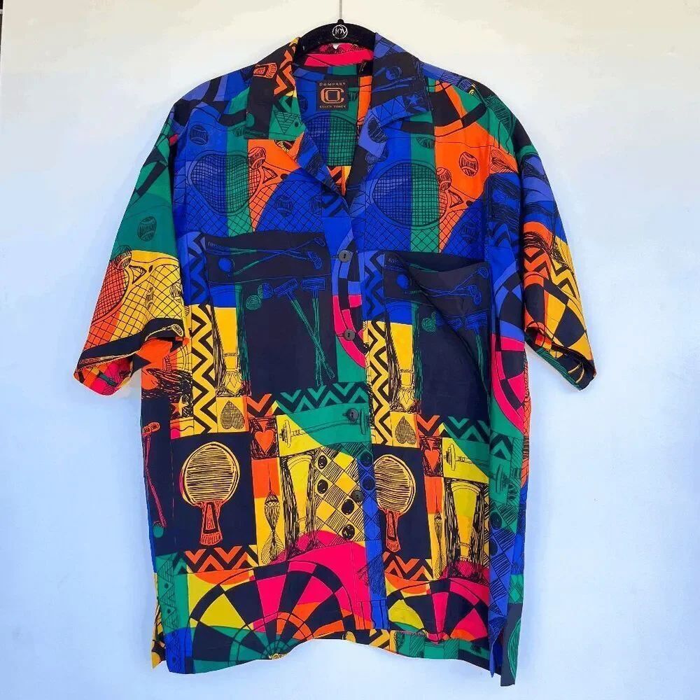 VTG 90s Ellen Tracy Silk Shirt M/L Colorblock Sports Print Hong Kong